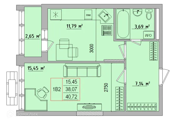Планировка 1 комн. в ЖК Луч