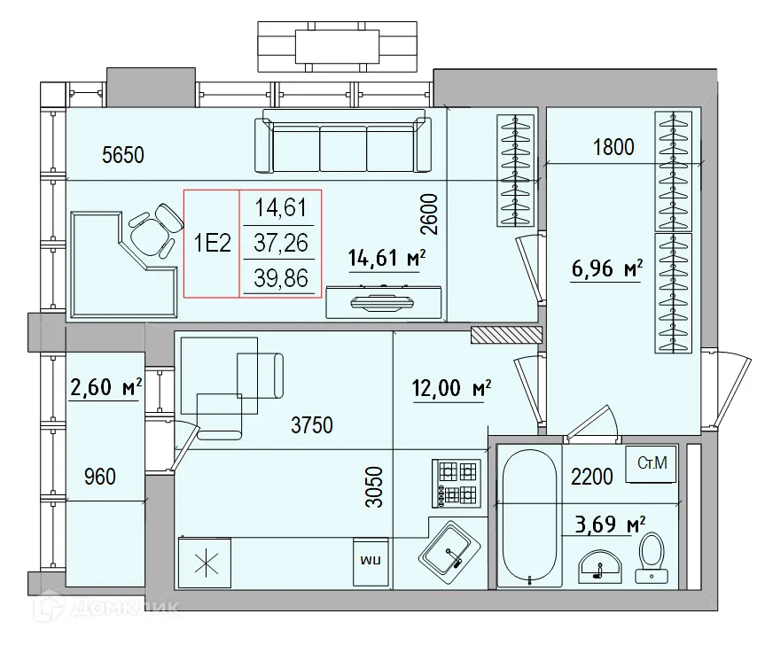 Планировка 1-комнатной квартиры 39.86 м² в ЖК Луч, г. Белгород — фото 2