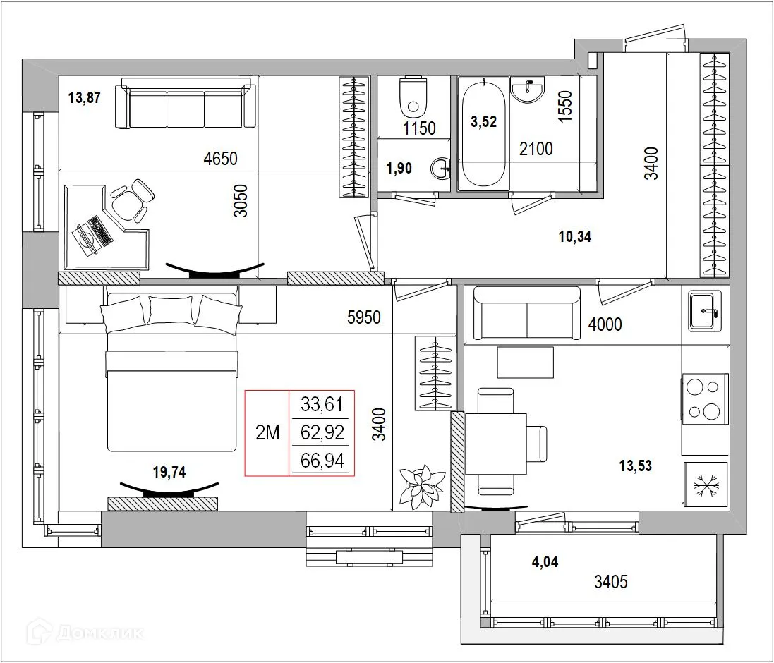 Планировка 2-комнатной квартиры 66.94 м² в ЖК Луч, г. Белгород — фото 1