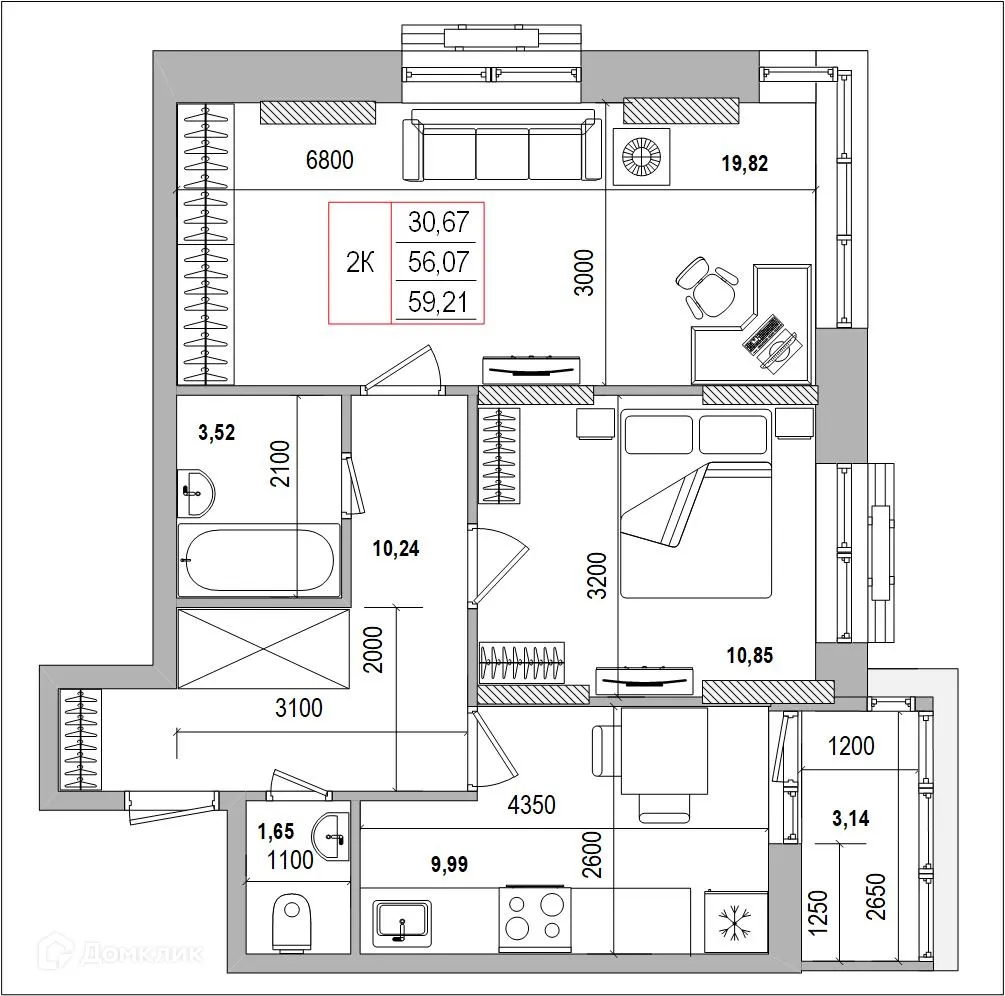 Планировка 2-комнатной квартиры 59.21 м² в ЖК Луч, г. Белгород — фото 1
