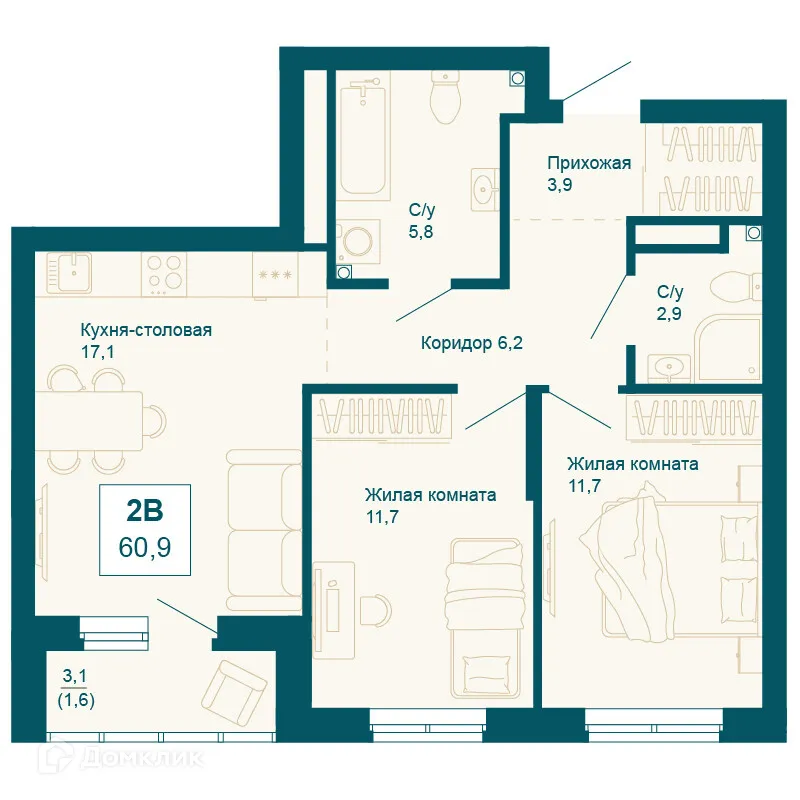 Планировка 2-комнатной квартиры 60.9 м² в ЖК Новая Ботаника, г. Екатеринбург — фото 1