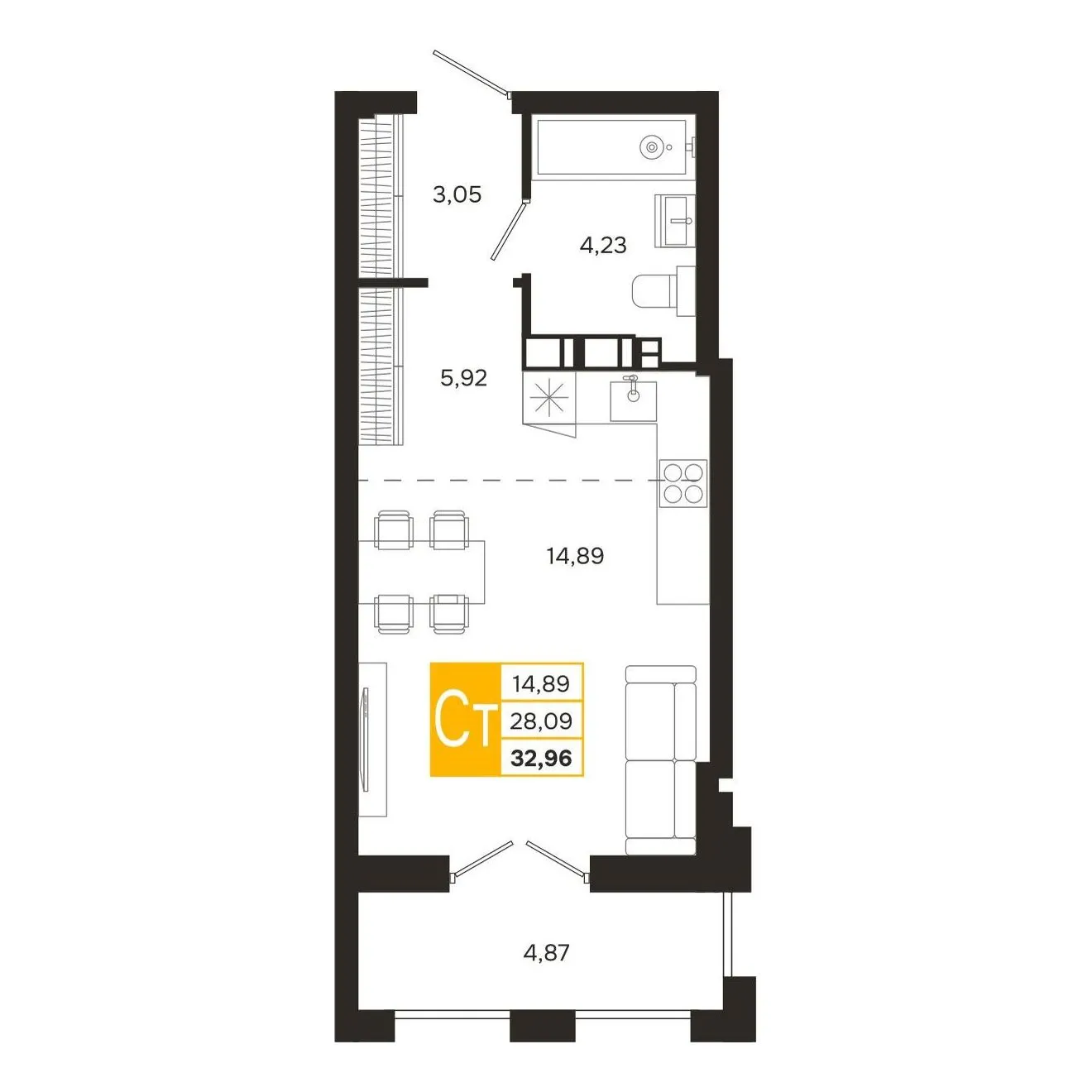Планировка студии квартиры 32.96 м² в ЖК Ривер Парк, г. Рязань — фото 6