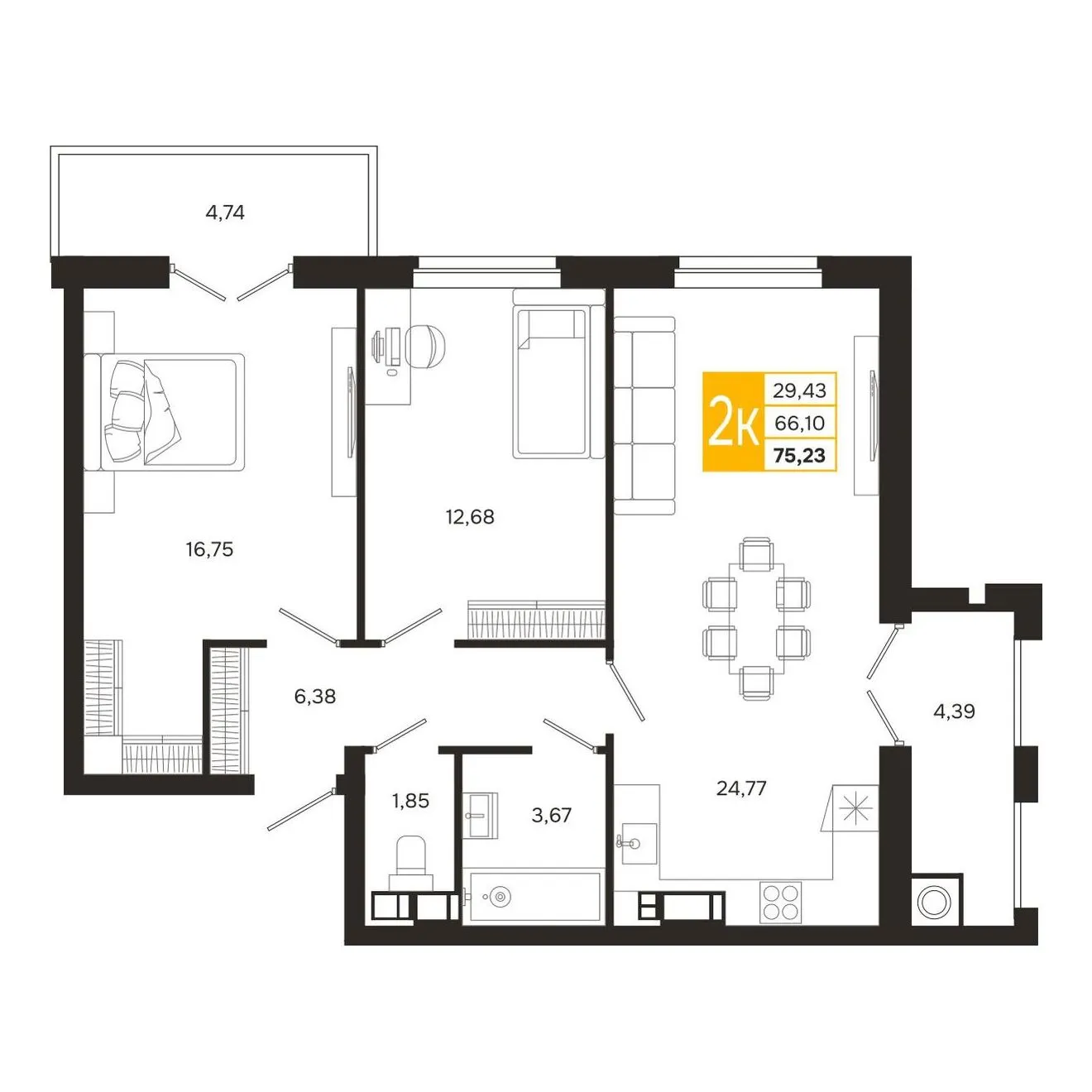 Планировка 2-комнатной квартиры 75.23 м² в ЖК Ривер Парк, г. Рязань — фото 4