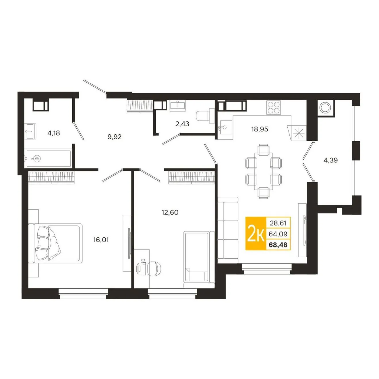 Планировка 2-комнатной квартиры 68.48 м² в ЖК Ривер Парк, г. Рязань — фото 4