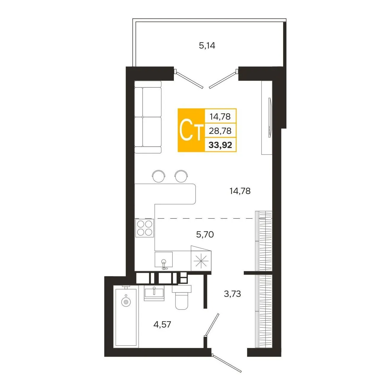 Планировка студии квартиры 33.92 м² в ЖК Ривер Парк, г. Рязань — фото 6