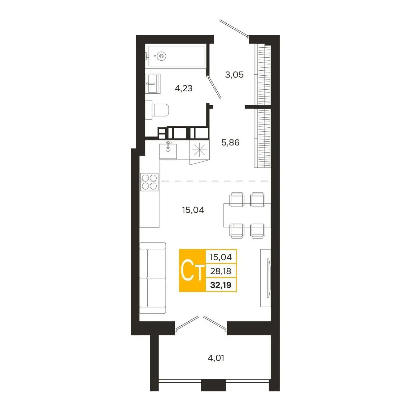 Планировка студии квартиры 32.19 м² в ЖК Ривер Парк, г. Рязань — фото 6