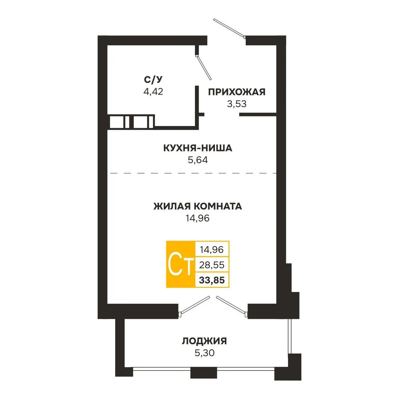 Планировка студии квартиры 33.85 м² в ЖК Ривер Парк, г. Рязань — фото 3
