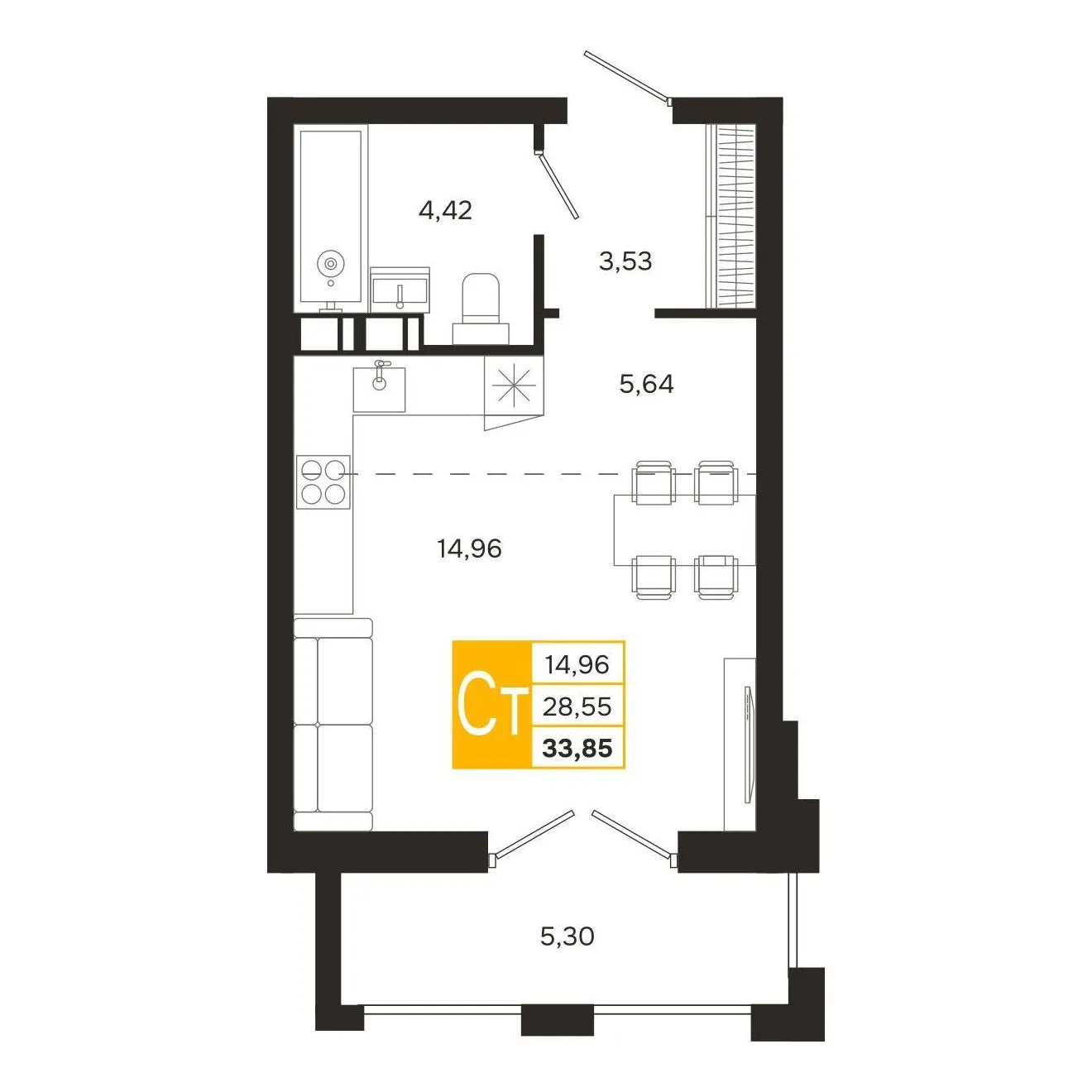 Планировка студии квартиры 33.85 м² в ЖК Ривер Парк, г. Рязань — фото 4