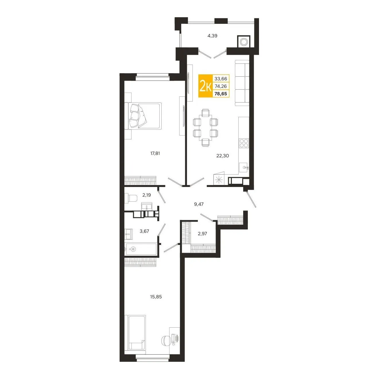 Планировка 2-комнатной квартиры 78.65 м² в ЖК Ривер Парк, г. Рязань — фото 8