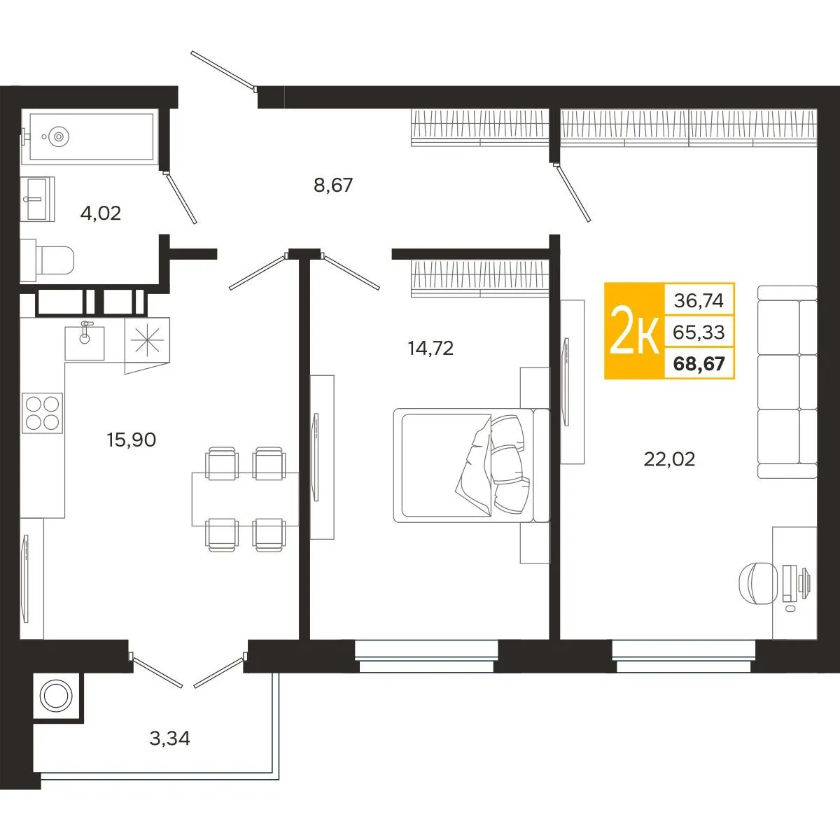 Планировка 2-комнатной квартиры 68.67 м² в ЖК Ривер Парк, г. Рязань — фото 6