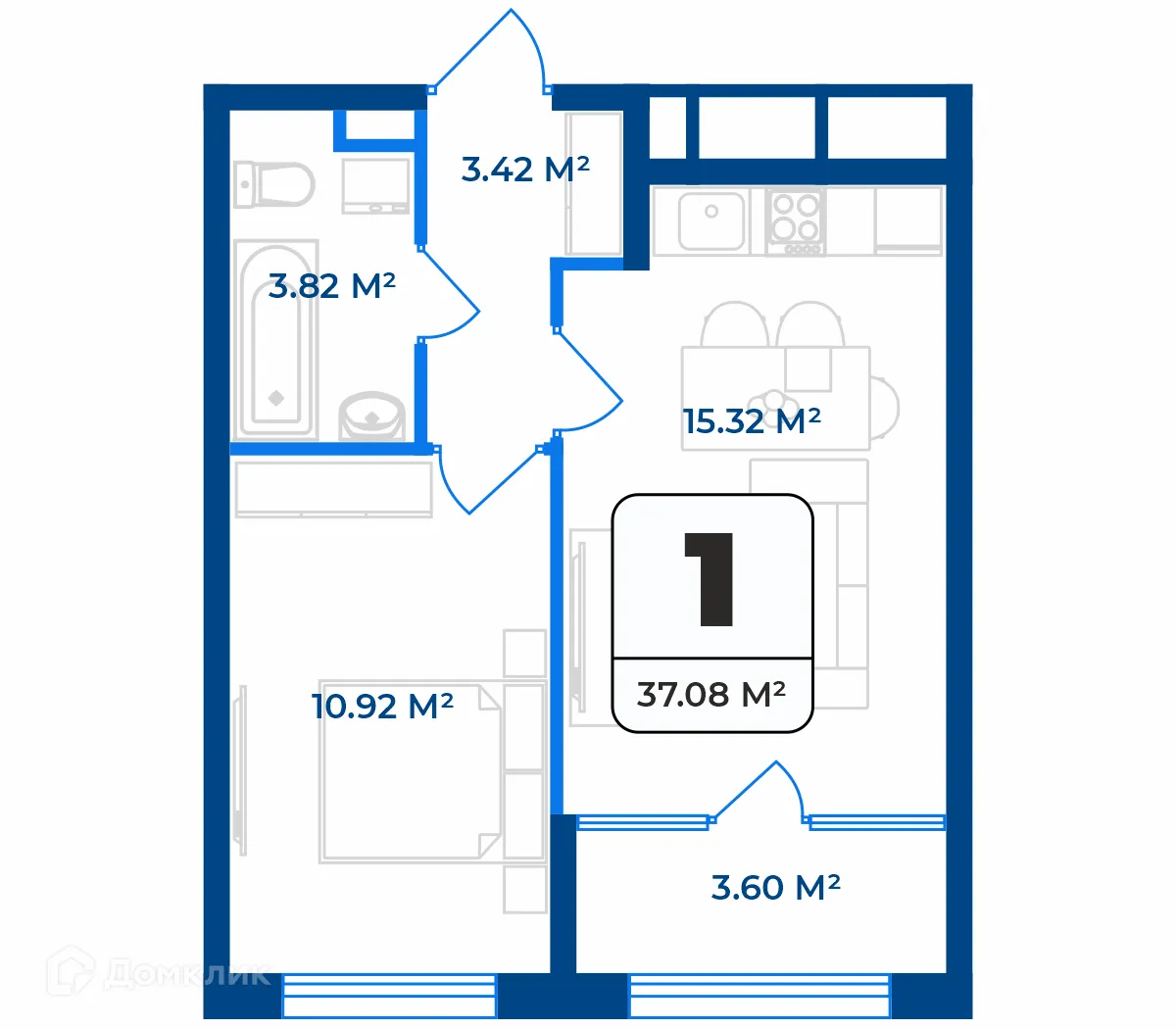 Планировка 1-комнатной квартиры 35.28 м² в ЖК Дом на Разина, г. Рязань — фото 1