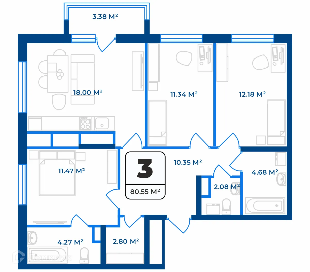 Планировка 3-комнатной квартиры 78.18 м² в ЖК Дом на Разина, г. Рязань — фото 1