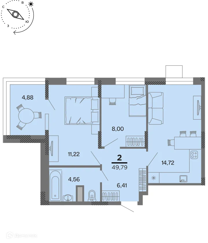 Планировка 2-комнатной квартиры 49.79 м² в Метропарк, г. Рязань — фото 1