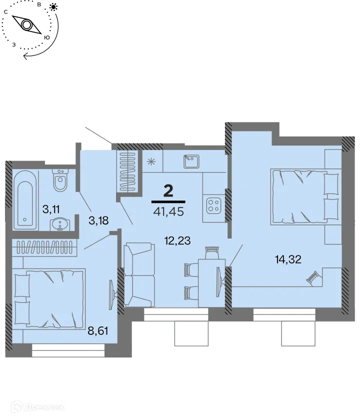 Планировка 2-комнатной квартиры 41.45 м² в Метропарк, г. Рязань — фото 1