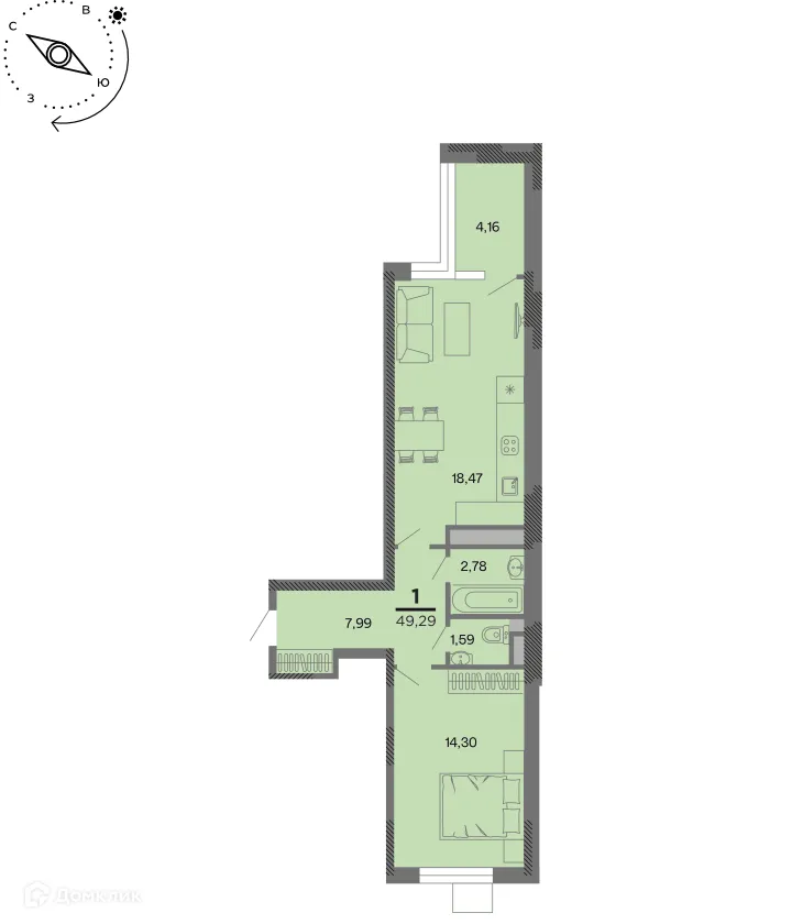 Планировка 1-комнатной квартиры 49.29 м² в Метропарк, г. Рязань — фото 1