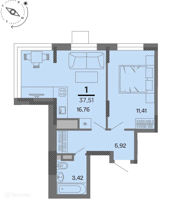 Планировка 1-комнатной квартиры 37.51 м² в Метропарк, г. Рязань — фото 1