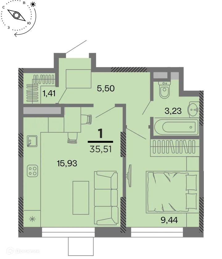 Планировка 1-комнатной квартиры 35.51 м² в Метропарк, г. Рязань — фото 1