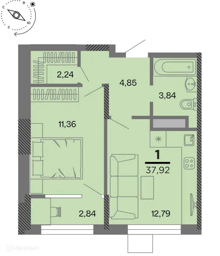 Планировка 1-комнатной квартиры 37.92 м² в Метропарк, г. Рязань — фото 1