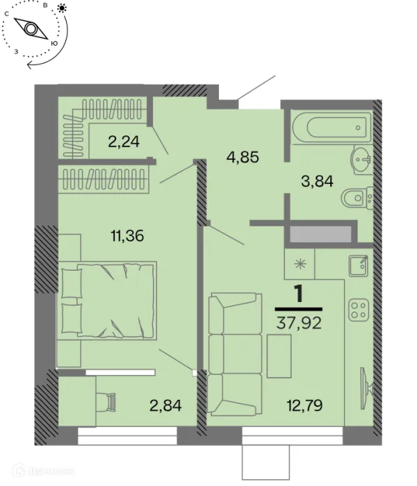 Планировка 1 комн. в Метропарк