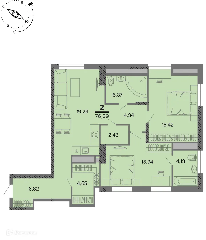 Планировка 2-комнатной квартиры 76.39 м² в Метропарк, г. Рязань — фото 1