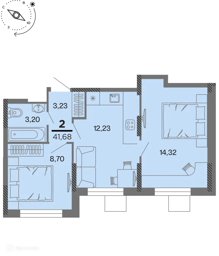 Планировка 2-комнатной квартиры 41.68 м² в Метропарк, г. Рязань — фото 1