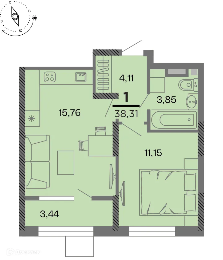 Планировка 1-комнатной квартиры 38.31 м² в Метропарк, г. Рязань — фото 1