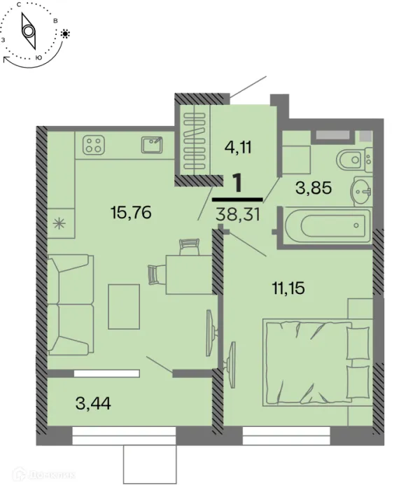 Планировка 1 комн. в Метропарк