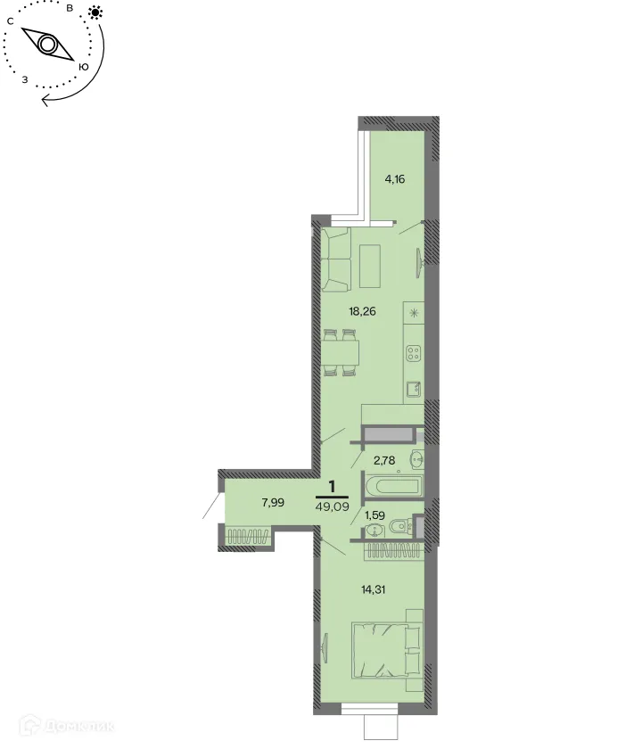 Планировка 1-комнатной квартиры 49.09 м² в Метропарк, г. Рязань — фото 1