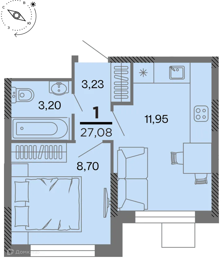 Планировка 1-комнатной квартиры 27.08 м² в Метропарк, г. Рязань — фото 1