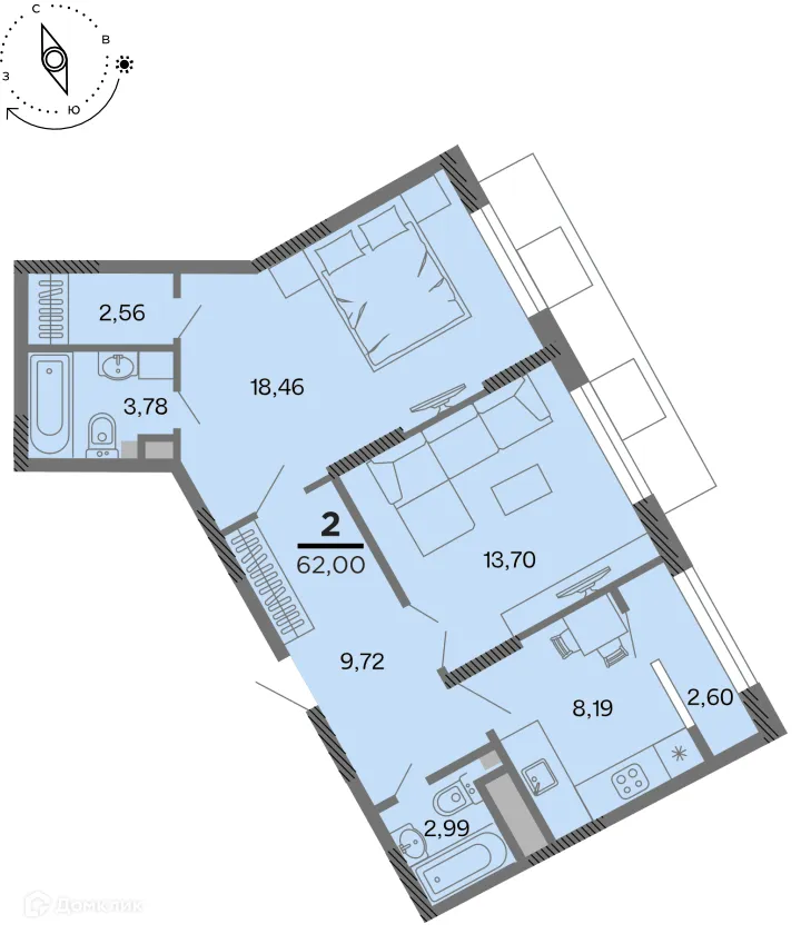 Планировка 2-комнатной квартиры 62 м² в Метропарк, г. Рязань — фото 1