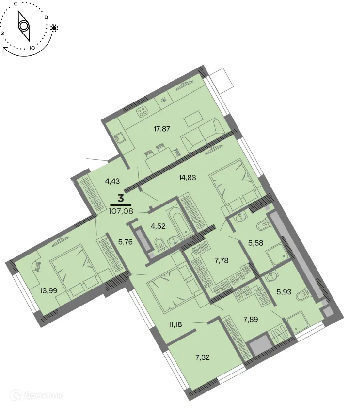 Планировка 3-комнатной квартиры 107.08 м² в Метропарк, г. Рязань — фото 1