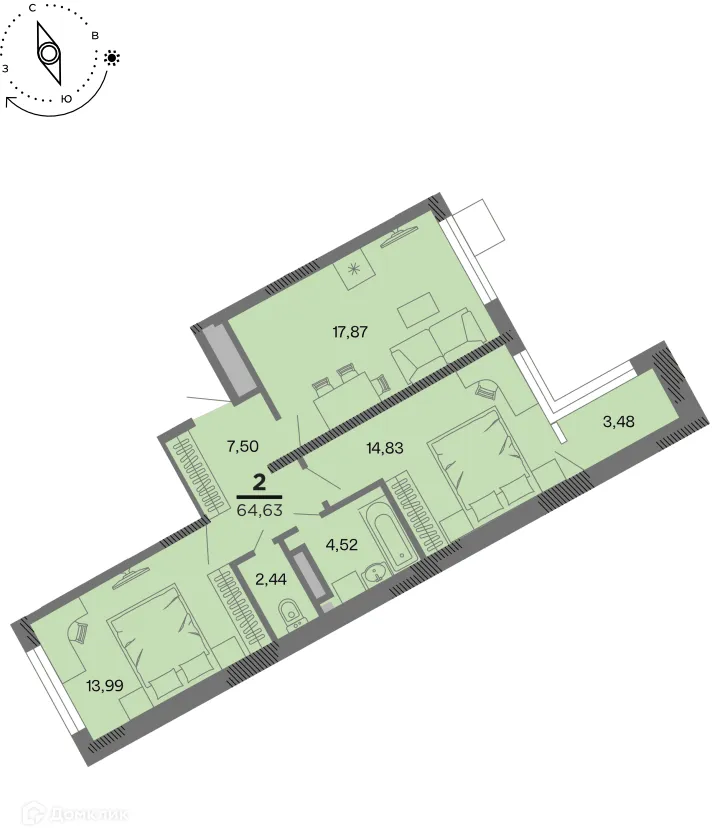 Планировка 2-комнатной квартиры 64.63 м² в Метропарк, г. Рязань — фото 1