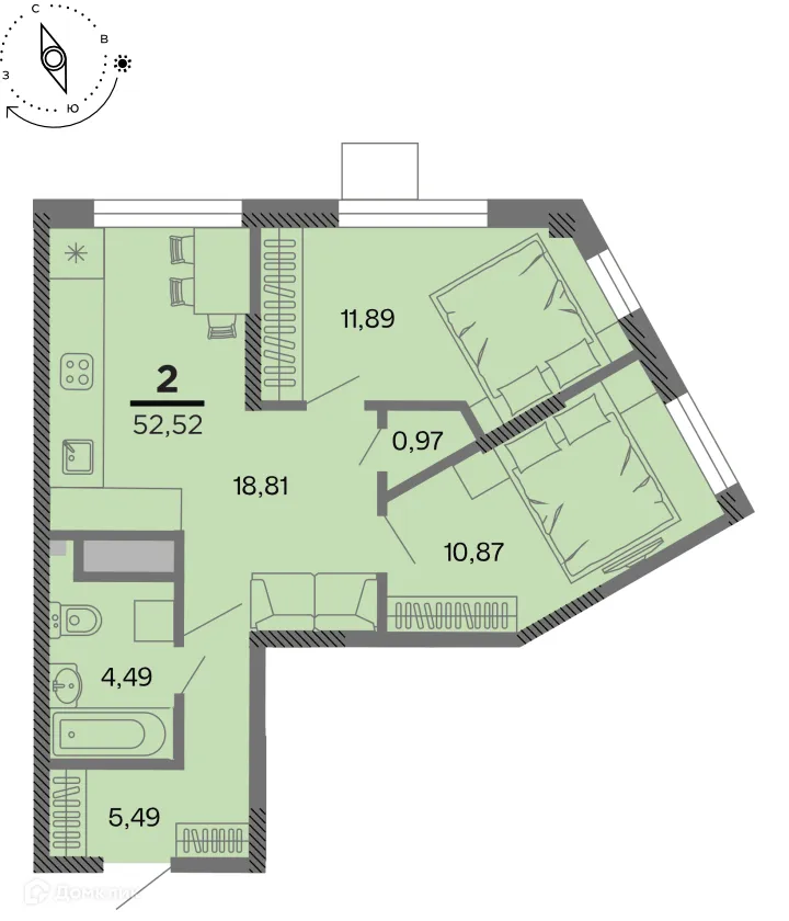 Планировка 2-комнатной квартиры 52.52 м² в Метропарк, г. Рязань — фото 1