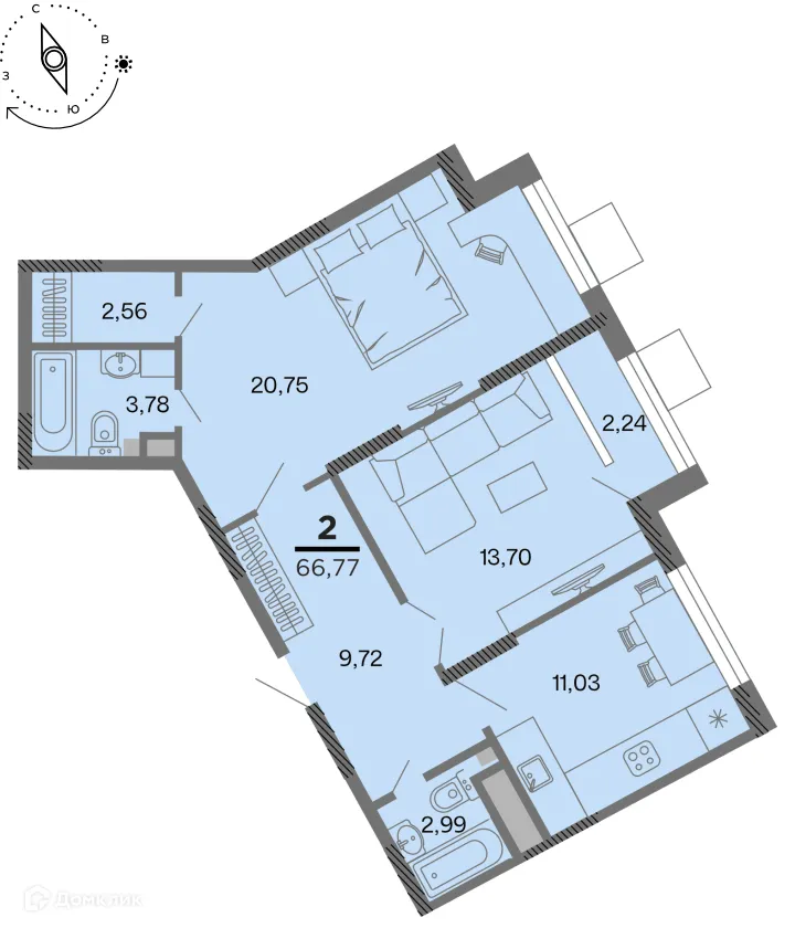 Планировка 2-комнатной квартиры 66.77 м² в Метропарк, г. Рязань — фото 1