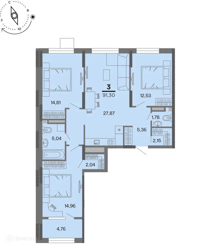 Планировка 3-комнатной квартиры 91.3 м² в Метропарк, г. Рязань — фото 1