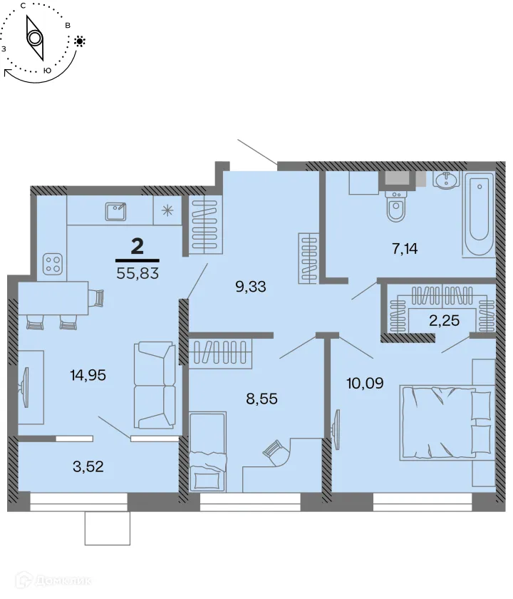 Планировка 2-комнатной квартиры 55.83 м² в Метропарк, г. Рязань — фото 1
