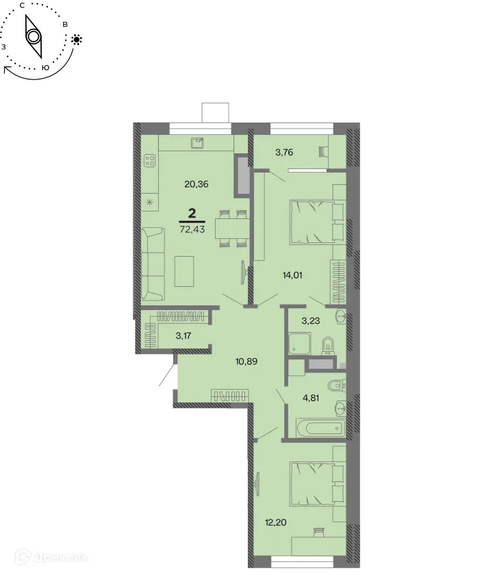 Планировка 2-комнатной квартиры 72.43 м² в Метропарк, г. Рязань — фото 1