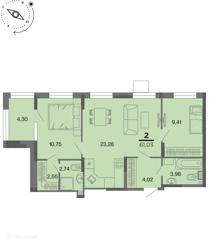 Планировка 2-комнатной квартиры 61.03 м² в Метропарк, г. Рязань — фото 1