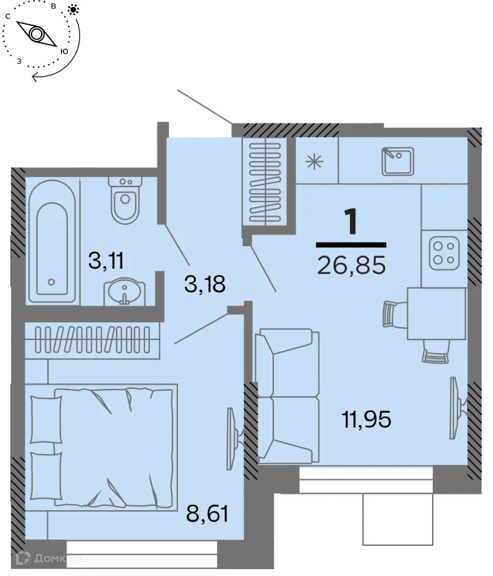 Планировка 1-комнатной квартиры 26.85 м² в Метропарк, г. Рязань — фото 1