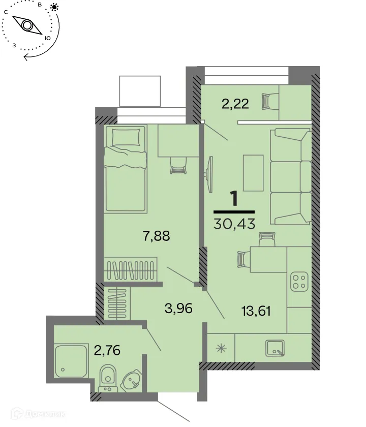 Планировка 1-комнатной квартиры 30.43 м² в Метропарк, г. Рязань — фото 1