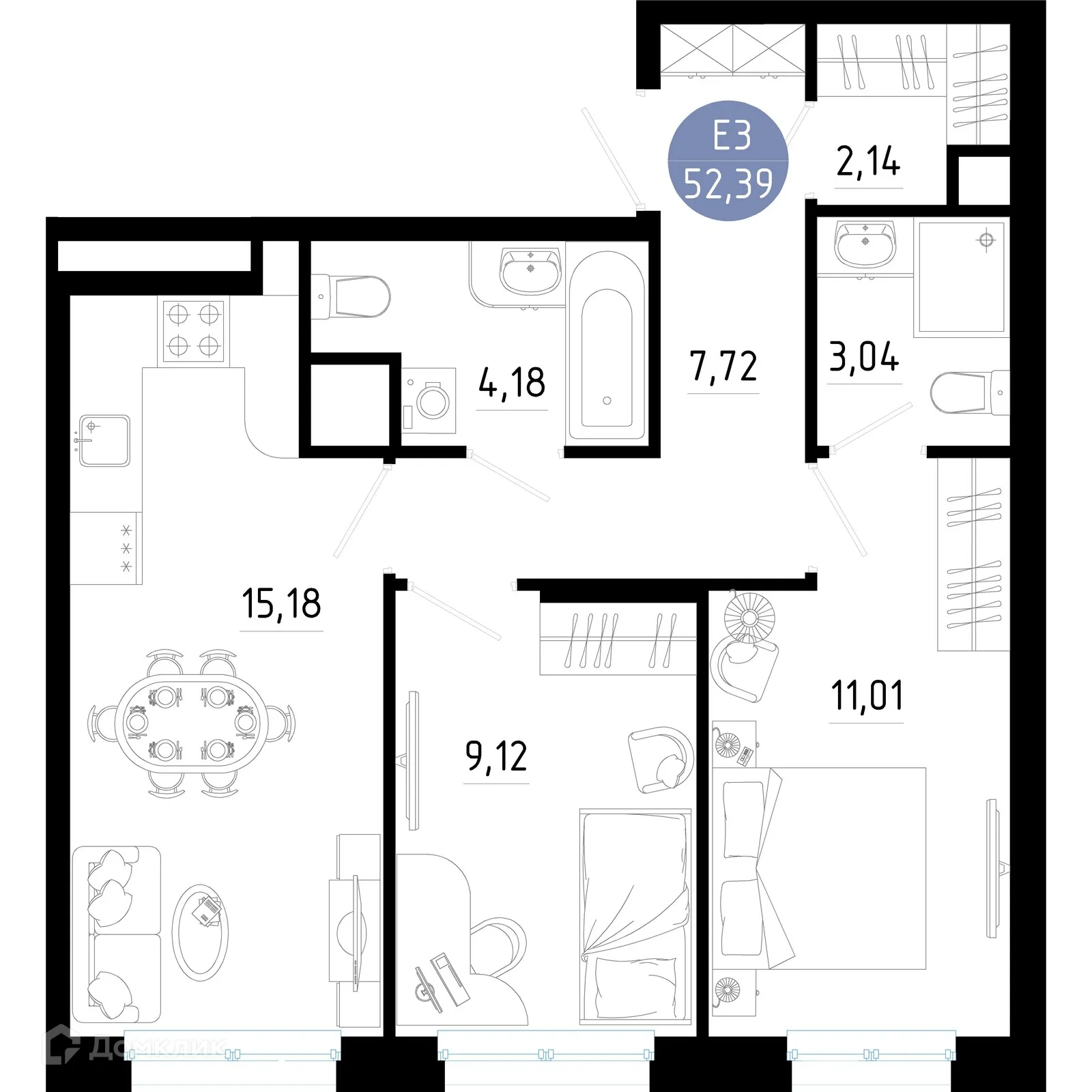 Планировка 2-комнатной квартиры 52.39 м² в Живи, г. Рязань — фото 1