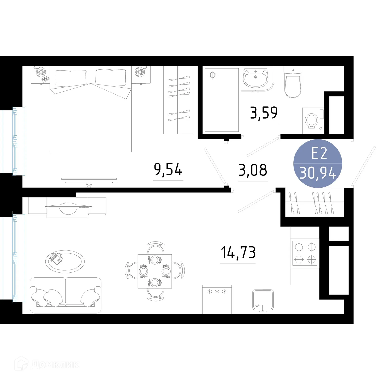 Планировка 1-комнатной квартиры 30.94 м² в Живи, г. Рязань — фото 1