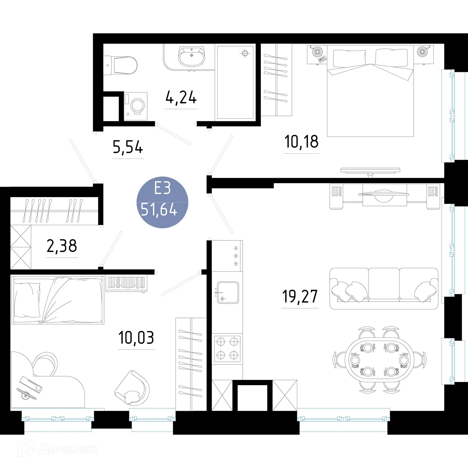 Планировка 2-комнатной квартиры 51.64 м² в Живи, г. Рязань — фото 1