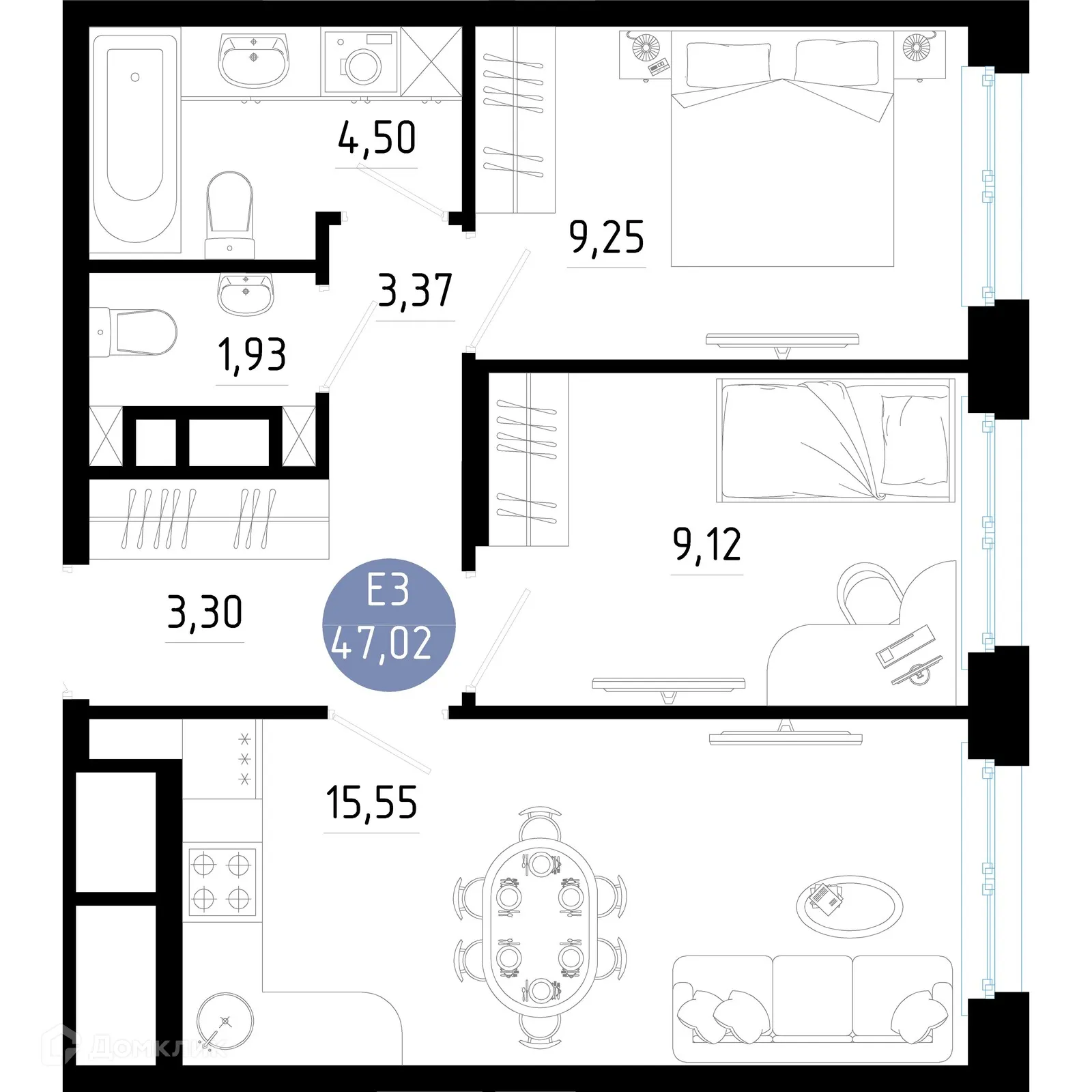 Планировка 2-комнатной квартиры 47.02 м² в Живи, г. Рязань — фото 1