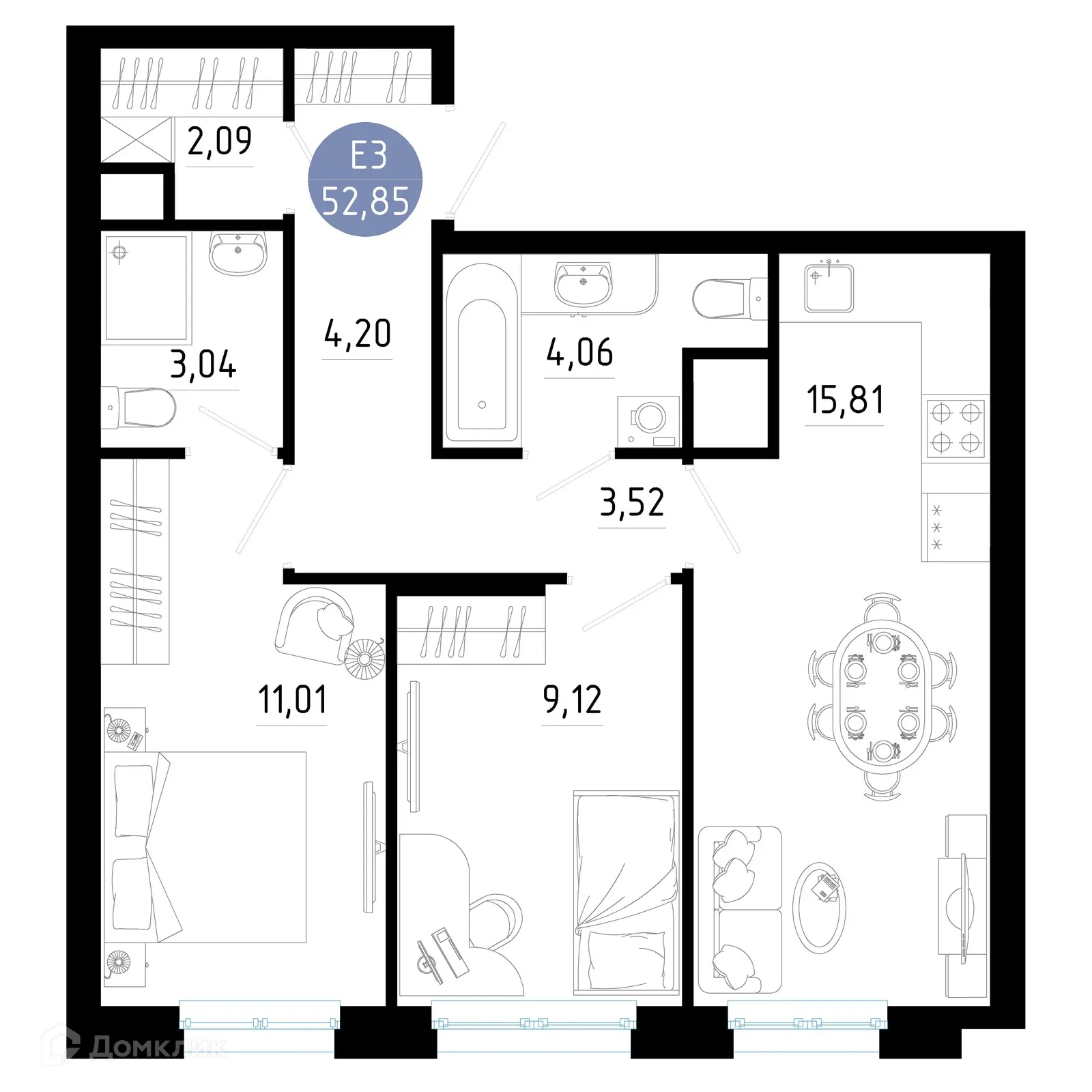 Планировка 2-комнатной квартиры 52.85 м² в Живи, г. Рязань — фото 1