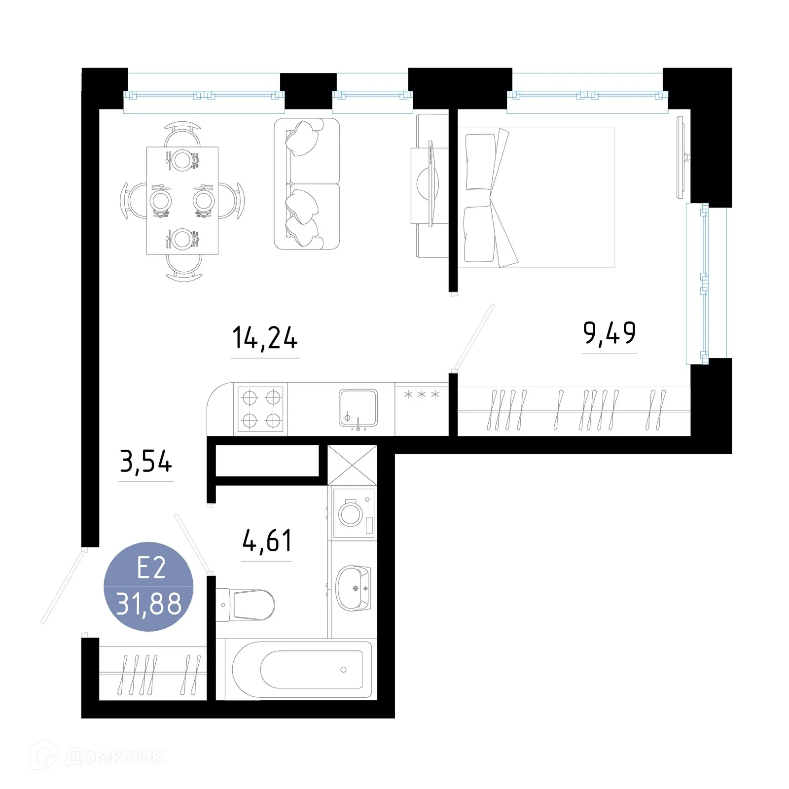 Планировка 1-комнатной квартиры 31.88 м² в Живи, г. Рязань — фото 1