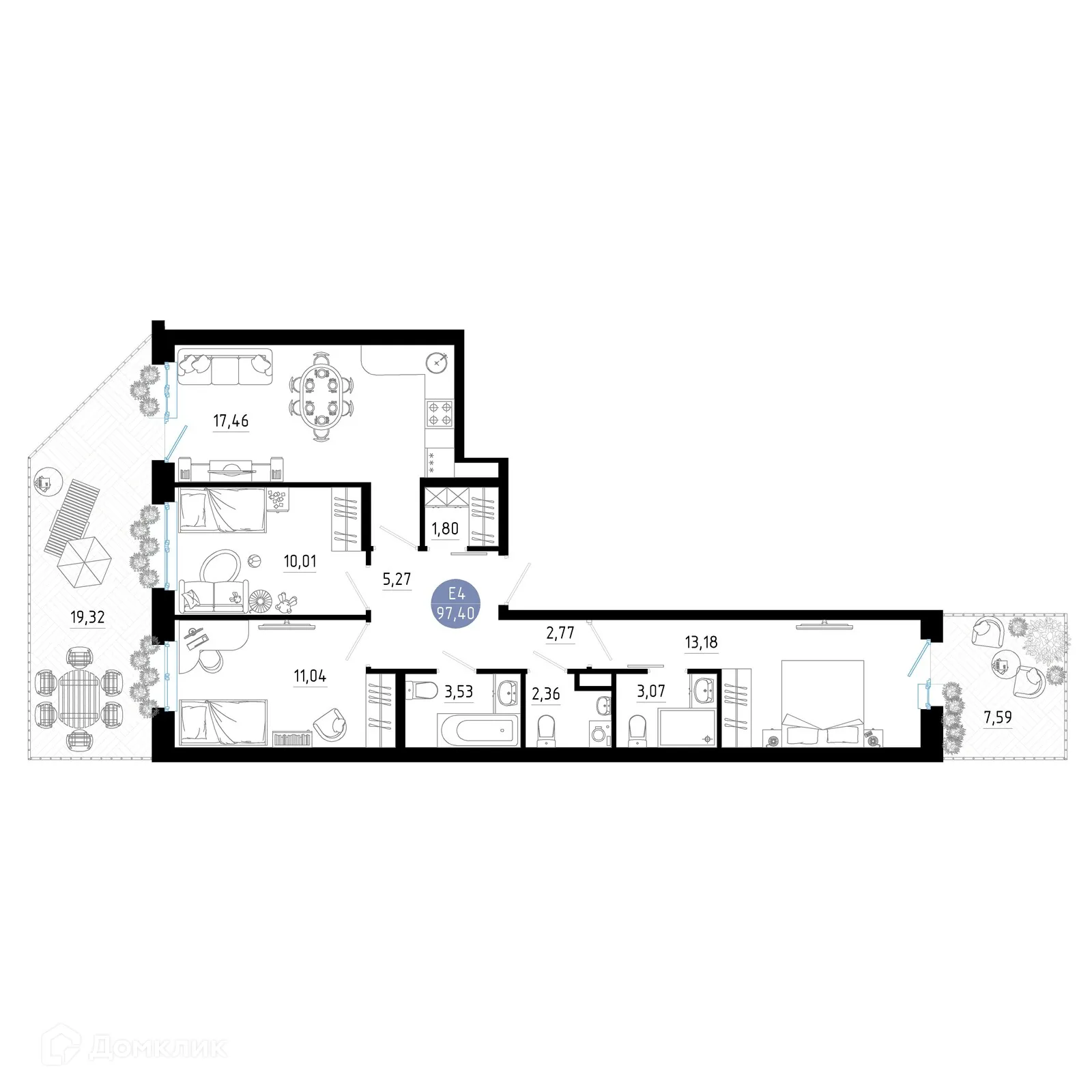 Планировка 3-комнатной квартиры 97.4 м² в Живи, г. Рязань — фото 1