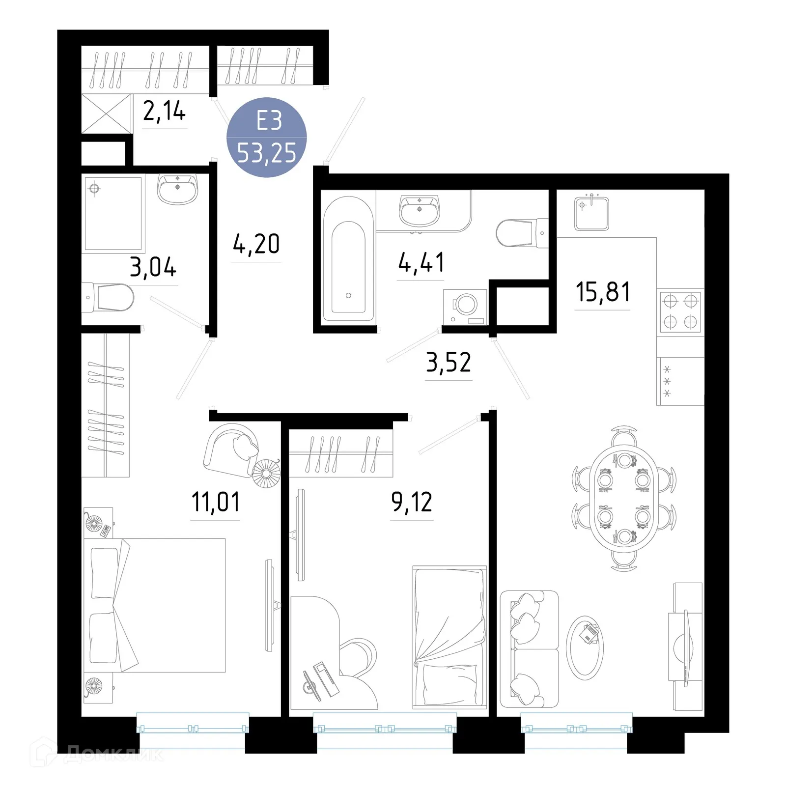 Планировка 2-комнатной квартиры 53.25 м² в Живи, г. Рязань — фото 1