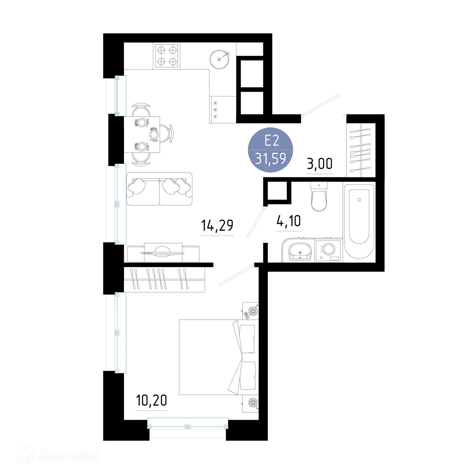 Планировка 1-комнатной квартиры 31.59 м² в Живи, г. Рязань — фото 1