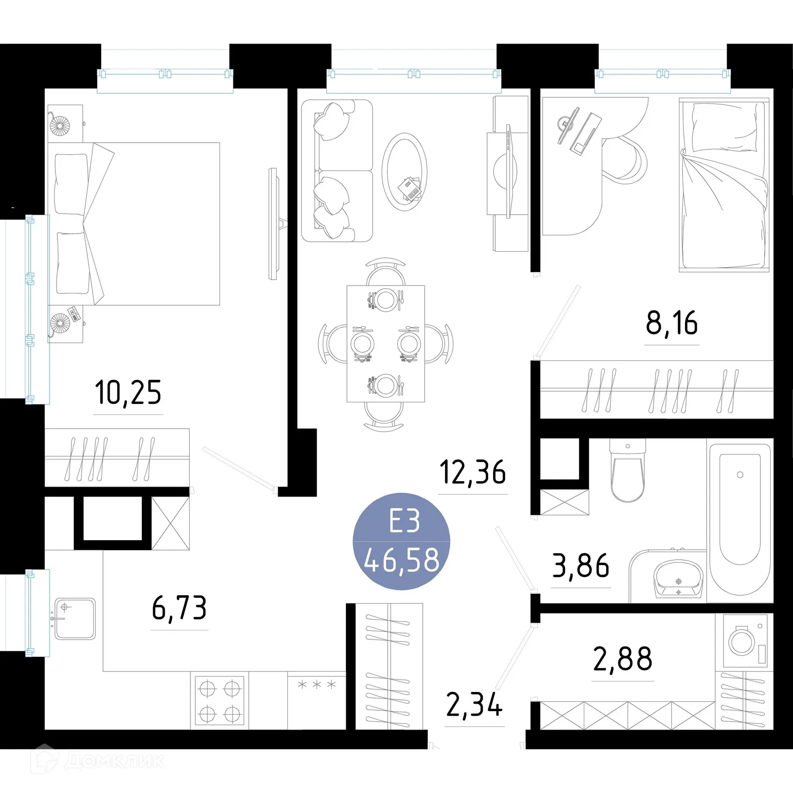 Планировка 2-комнатной квартиры 46.58 м² в Живи, г. Рязань — фото 1